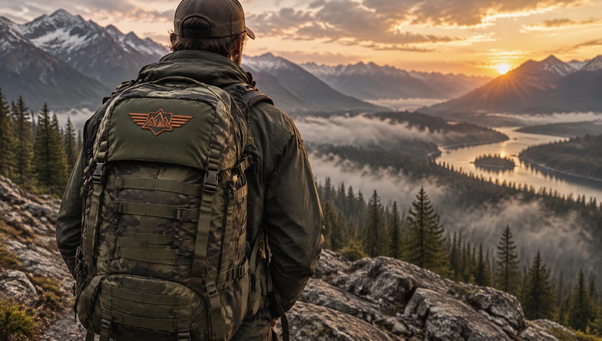 Adventurer on a mountain ridge wearing a Trailblazer camouflage tactical backpack